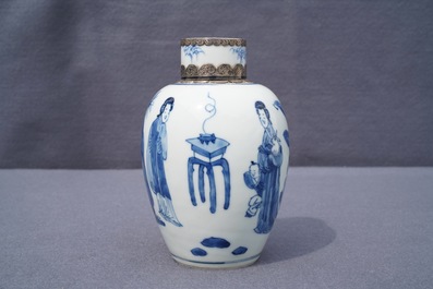 A Chinese silver-mounted blue and white tea caddy and cover, Kangxi